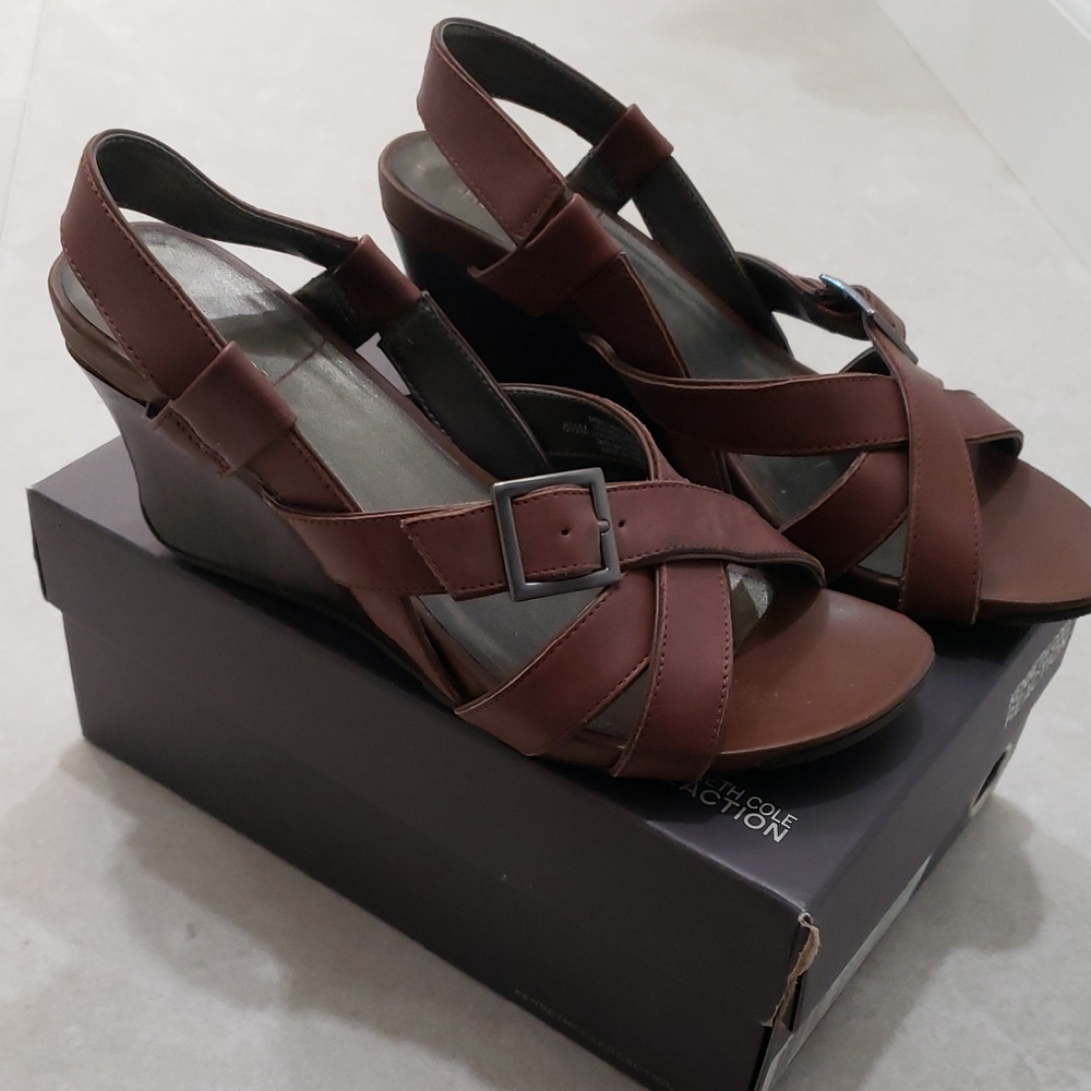 Kenneth Cole Reaction Brown Leather Wedges with Ankle Strap